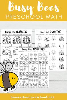 the busy bees preschool math worksheet is shown with text overlay that reads busy bees preschool math