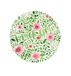 a circle with pink flowers and green leaves