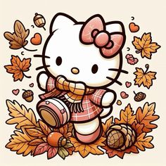 hello kitty is holding a jar of honey in the fall with leaves and acorns around her