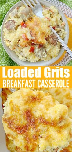 this is an image of loaded grits breakfast casserole with sausage and cheese