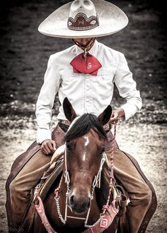 a man riding on the back of a brown horse wearing a sombrero and hat