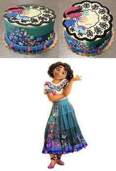 two pictures of a woman in a dress next to a cake