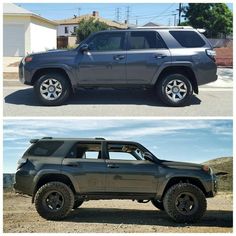 two pictures side by side of a gray toyota 4runner and the same one with black rims