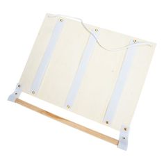 a white board with blue straps is on a wooden stand and has two strings attached to it