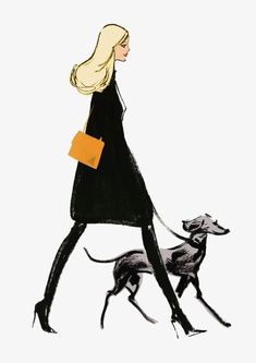 a drawing of a woman walking her dog on a leash, wearing a black coat and carrying a yellow purse