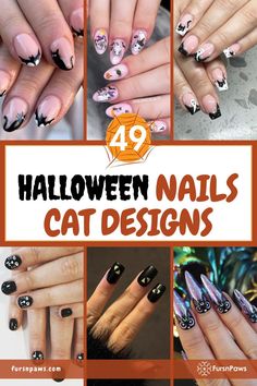 Halloween Cat Nails Designs Halloween Cat Nail, Halloween Cat Nails, Black Cat Nail Art, Black Cat Nail, Clear Glitter Nails, Cat Nail Designs, Bat Nails, Cat Nail Art