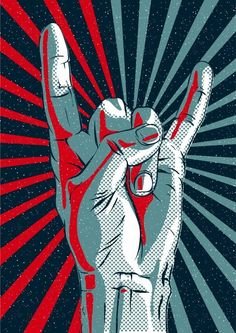 a hand making the peace sign with red and blue rays around it, in front of a black background