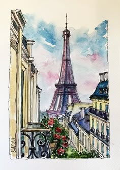 a painting of the eiffel tower in paris, france with flowers and buildings