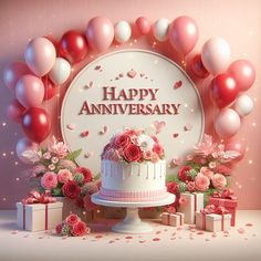 a happy anniversary cake surrounded by pink and white balloons, flowers and gift boxes on a table