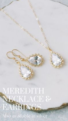 Searching for wedding jewelry that has a vintage style? You'll love our Meredith Earrings and Meredith Necklace. These dainty pieces are available in silver and gold. Silver Glass, Earring Posts, Brides And Bridesmaids, Brass Earrings, Bridesmaid Jewelry, Silver And Gold, Necklace Gold, Glass Pendants, Post Earrings