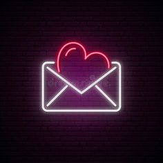 an envelope with a heart neon sign on a brick wall royalty illustration