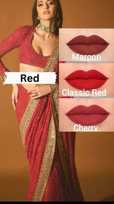 Lipstick With Red Dress, Red Saree Makeup Look, Iphone Poses, Gold Dress Makeup, Makeup Theory, Lipstick Combos, Lipstick Guide, Lipstick Quotes, Lipstick Dress