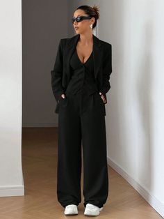 Women's Solid Color V-Neck Tank Top + Long Sleeve Jacket + Long Pants Elegant Suit Set Black Elegant  Long Sleeve Woven Fabric Plain  Non-Stretch  Women Clothing, size features are:Bust: ,Length: ,Sleeve Length: Stylish Pantsuits For Women, Cute Pantsuits For Women, Black Suit Outfits For Women Party, Women Suit For Graduation, Womens Pantsuits Wedding Guest, Coat And Pants Women Formal, All Black Semi Formal Women, Boss Outfits For Women, Gothic Office Outfit