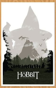 the hobbit movie poster with silhouettes of people in front of a mountain