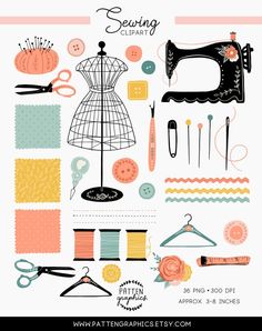 sewing clipart set with scissors, needles, and other crafting supplies on it