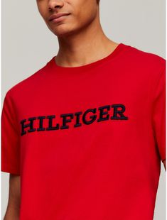 Tommy Hilfiger men's T-shirt. Made from soft cotton jersey and cut in an easy fit, our tee is finished with our embroidered Monotype logo.  Material: 100% Cotton. Red Crew Neck T-shirt With Embroidered Logo, Cotton Crew Neck T-shirt With Appliqué Logo, Cotton T-shirt With Appliqué Logo, Red T-shirt With Embroidered Logo For Streetwear, Casual Cotton Tops With Appliqué Logo, Red Embroidered Crew Neck T-shirt, Casual Tommy Hilfiger Tops With Embroidered Logo, Tommy Hilfiger Logo Print Crew Neck T-shirt, Tommy Hilfiger Crew Neck T-shirt With Logo