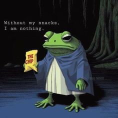 a frog holding a sign that says, without my snacks i am nothing the chip