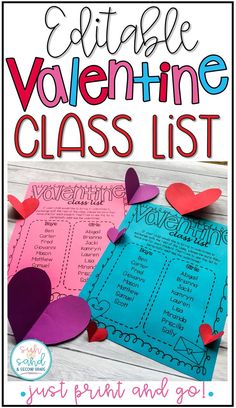 valentine's day class list with cut out hearts on it and the title in red