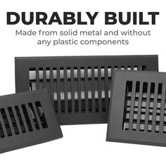 three different types of drain covers with the words durably built made from solid metal and without any plastic components