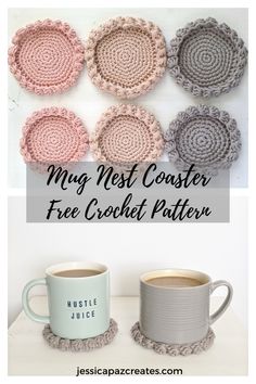 crocheted coasters with the text, free crochet coaster pattern