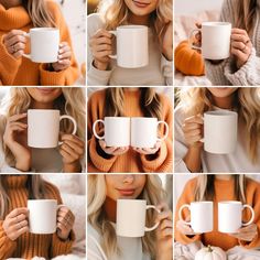 a collage of photos showing coffee mugs being held by different women in sweaters