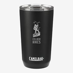 a black tumbler cup with the words camelbak on it and an image of a