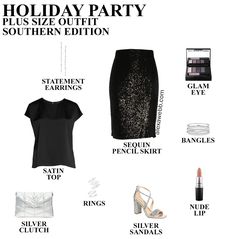 Black And White Party Outfit, Plus Size Holiday Party Outfit, Black And Silver Outfit, Sequin Mini Skirt Outfit, Black Sequin Skirt Outfit, Plus Size Holiday Party, Plus Size Sequin Skirt, Silver Shoes Outfit