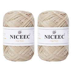 two skeins of yarn with the words nicec written on each one side