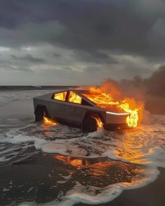 a car that is on fire in the ocean with it's doors open and flames coming out