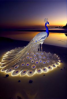 a peacock standing on top of a sandy beach next to the ocean at night with lights in its feathers