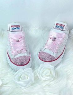 Lace-up Pink Wedding Shoes, White Bling Wedding Shoes, Prom Sneakers, Birthday Party Sweet 16, Bedazzled Converse, Bride Converse, Pink Chuck Taylors, Vegas 2023, Bedazzled Shoes