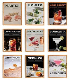 nine magazines with different types of drinks on them, including margaritas and martinis