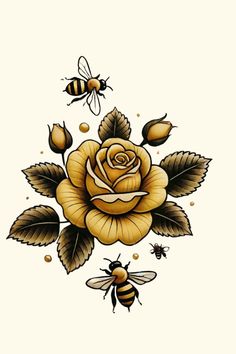 a rose and bees tattoo design on a white background