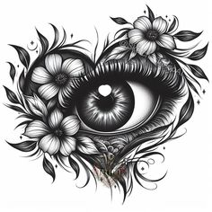 an eye with flowers and leaves on the side, surrounded by black and white ink