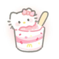 a drawing of a hello kitty cake with a spoon in it's cupcake