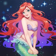 a beautiful red haired mermaid sitting on top of a green and purple fish tail with stars in the background