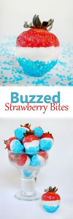 some strawberries are in a bowl with blue and red sprinkles on them