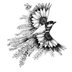 a black and white drawing of a bird with sunflowers on it's back