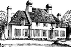 a drawing of a large house with chimneys and windows on the top floor, surrounded by greenery