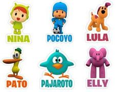 various stickers with different cartoon characters and names on them, including the word pocoyoo