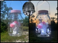 two mason jars with flowers in them hanging from the ceiling and one is filled with paper machs