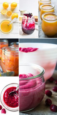 several pictures of different types of food in jars and spoons, including cranberry sauce