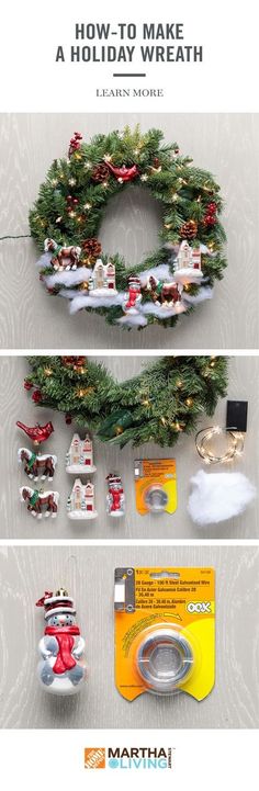 christmas wreaths and other holiday decorations are arranged on a table with the words how to make a holiday wreath