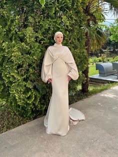 Hijab Evening Dress - Ahunare Luxury Beige Gown For Eid, Luxury Elegant Hijab For Eid, Luxury Long Sleeve Cream Abaya, Luxury Elegant Wedding Abaya, Luxury White Elegant Abaya, Luxury Cream Long Sleeve Abaya, Luxury Spring Wedding Abaya, Dinner Dress Classy Hijabs, Elegant Modest Satin Dress