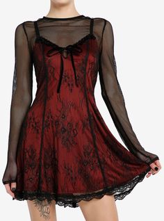 This twofer dress is giving vampire romance. This gothic piece features a red slip dress with a black floral lace overlay and bow detailing at the chest. Comes with a fishnet long-sleeve underneath and adjustable straps. Red Goth Outfits, Twofer Dress, Vampire Dress, Velvet Slip Dress, Red Slip Dress, Goth Dress, Gothic Outfits, Sweaters And Jeans, Red Lace