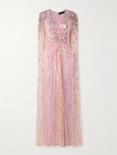 The glittering bead, sequin and crystal embellishments on Jenny Packham's 'Gold Rush' gown are carefully placed to create a cinched-in effect at the waist. Made from tulle, it has a plunging neckline framed by padded shoulders and a cape-effect panel that floats elegantly behind as you walk. The pastel-pink stretch-satin lining provides coverage. Floral Dresses Short, Exclusive Dress, Tulle Gown, Jenny Packham, Swimsuit Dress, Gold Rush, Stretch Satin, Pink Outfit, Plunging Neckline