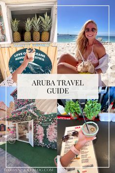 the aruba travel guide is shown with pictures of people and food on it, including pineapples