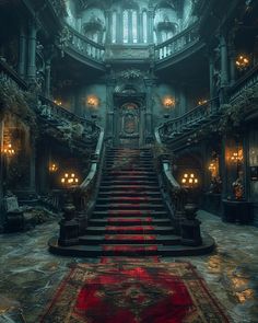 an elaborate staircase leading up to the second floor in a building with chandeliers