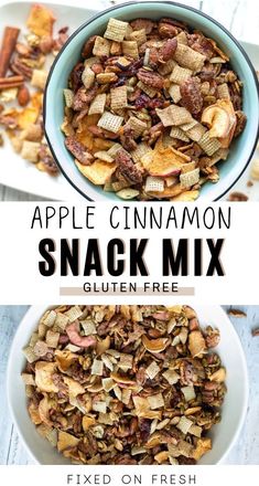 an apple cinnamon snack mix in a bowl with the title text above it and below