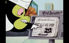 an animated image of a cartoon character holding a newspaper in front of a news paper dispenser